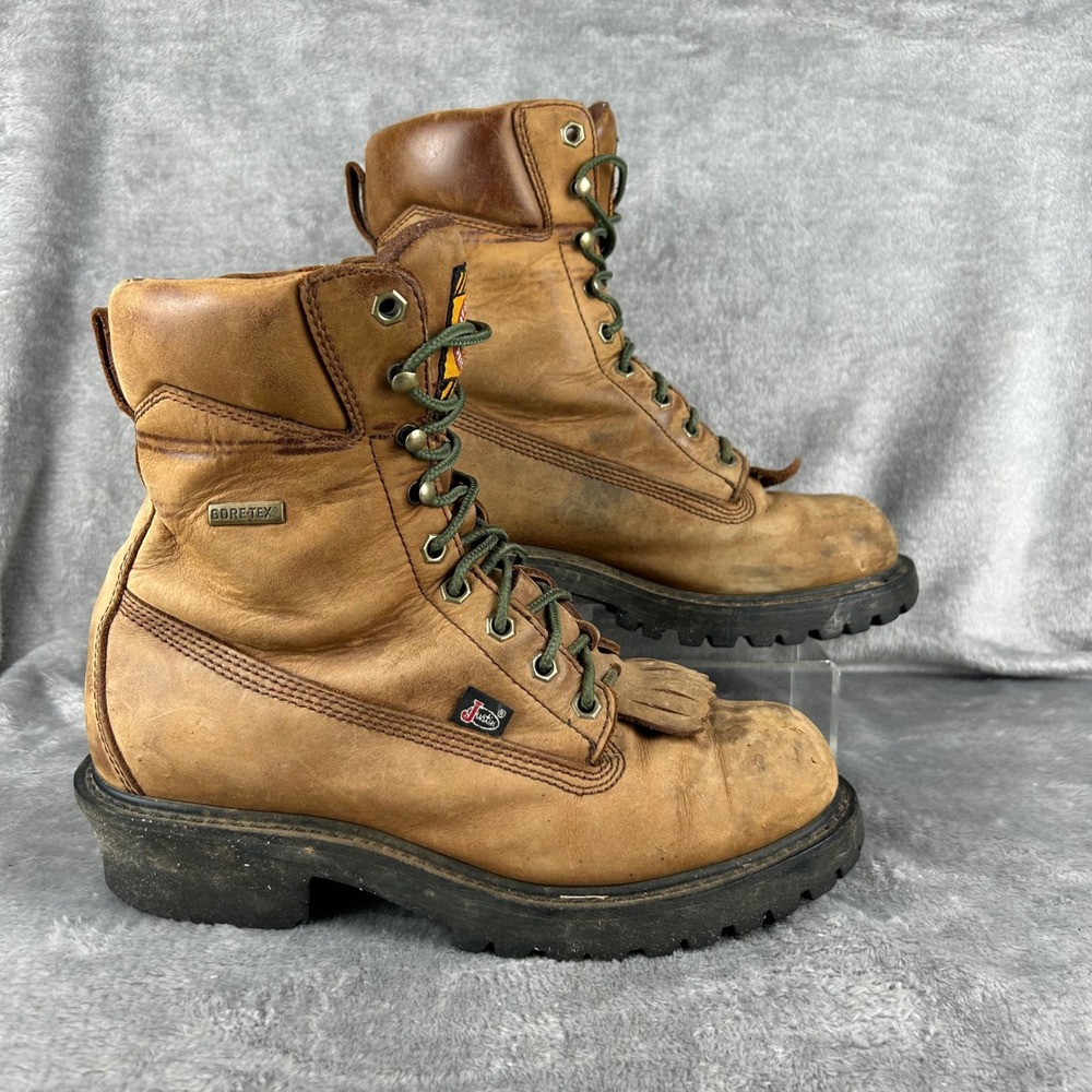 Justin Original Work Boots Mens 8.5 EE Gore-Tex Leather Logger Kiltie Tan WK613